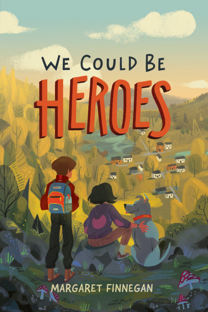 cover of we could be heroes, shows a boy, a girl, and a dog looking down on a town